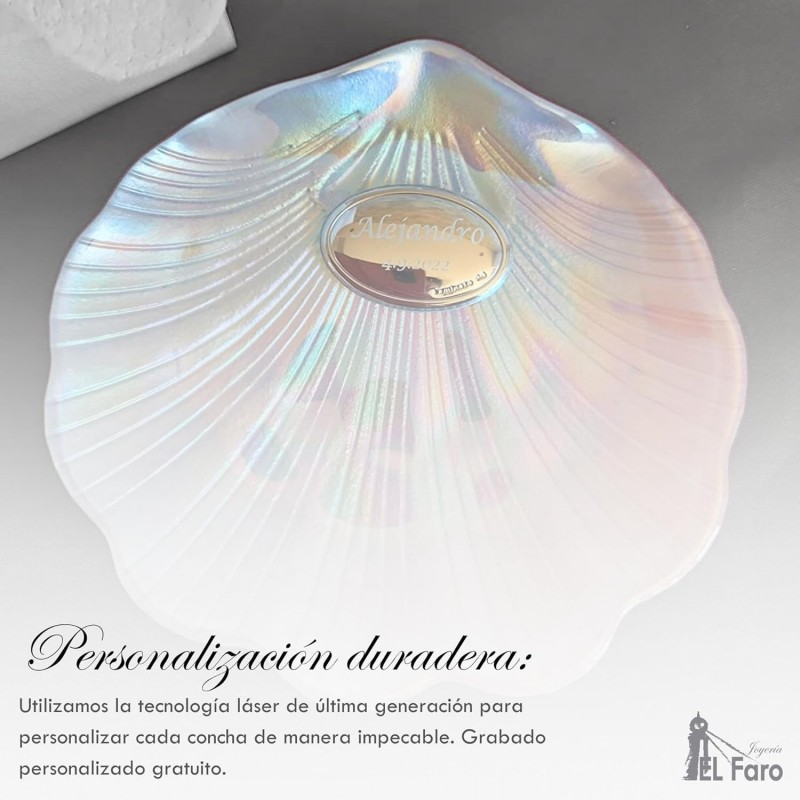 Concha para bautizo ovalo para grabar cristal nacarado