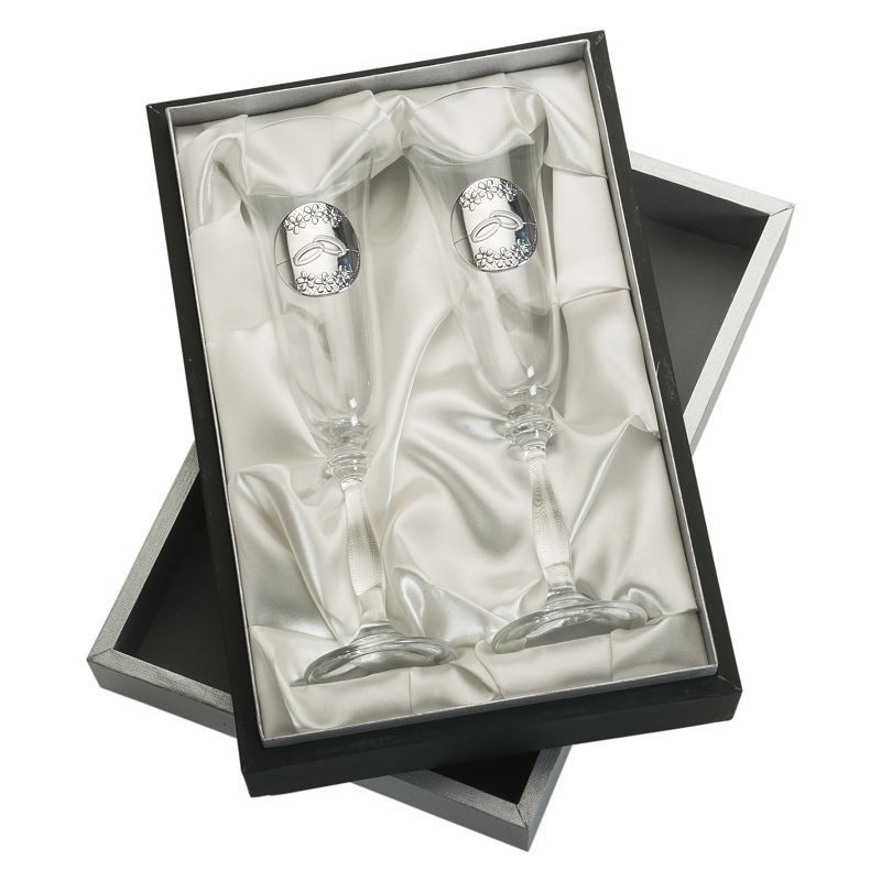 Copas de champán para novios en cristal de Bohemia con Plata