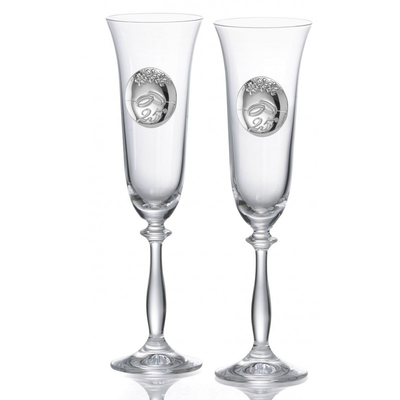 Copas de champán cristal Bohemia 25 aniversario en plata